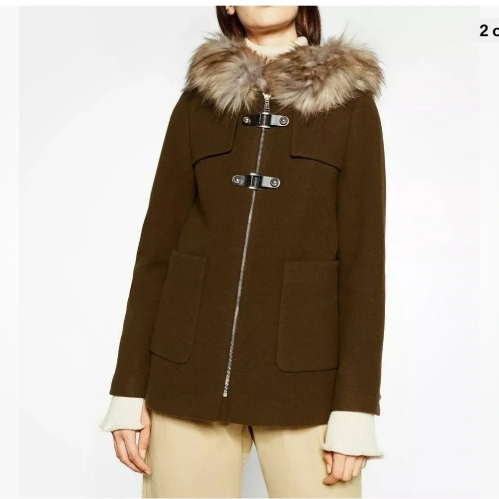 ZARA khaki army green faux fur trim hood duffle coat size XS